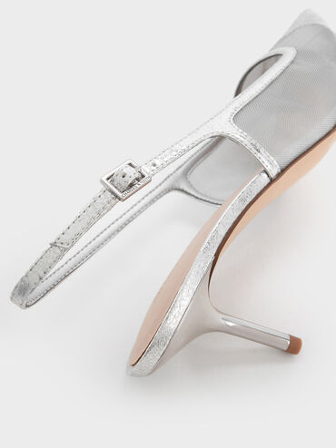 Mesh & Lace Pointed-Toe Slingback Pumps, Silver, hi-res