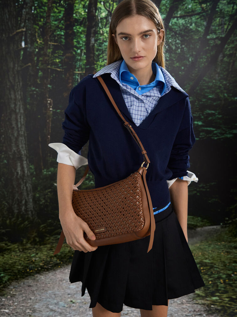 Calla Woven Shoulder Bag, Chocolate, hi-res