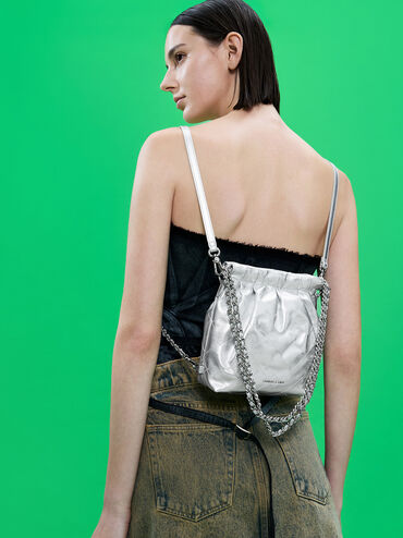 Duo Metallic Chain-Handle Two-Way Backpack, Silver, hi-res