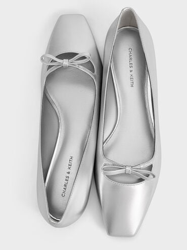 Metallic Bow Square-Toe Ballet Flats, Silver, hi-res
