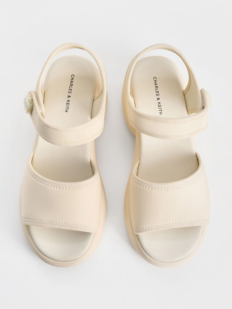 Flower-Buckle Platform Sports Sandals, Cream, hi-res