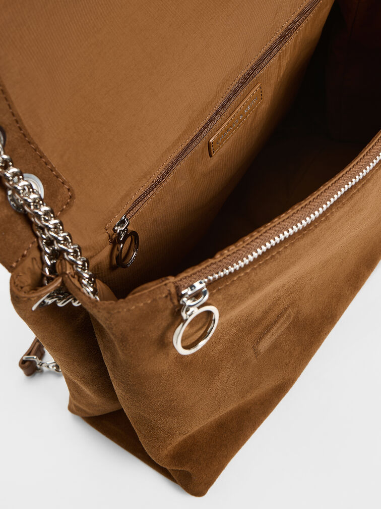 Sianna Recycled Suede Chain-Handle Shoulder Bag, Sienna Brown, hi-res
