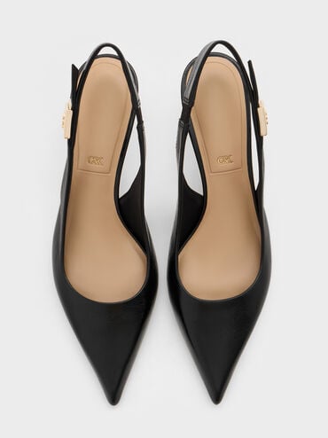Cody Leather Pointed-Toe Kitten-Heel Slingback Pumps, Black, hi-res