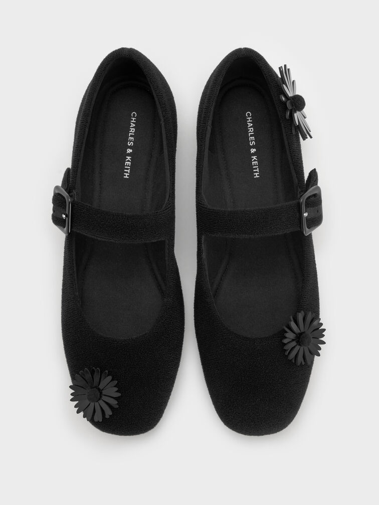 Polly Textured Mary Janes With Floral Appliques, Black Textured, hi-res