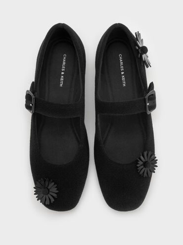 Polly Textured Mary Janes With Floral Appliques, Black Textured, hi-res