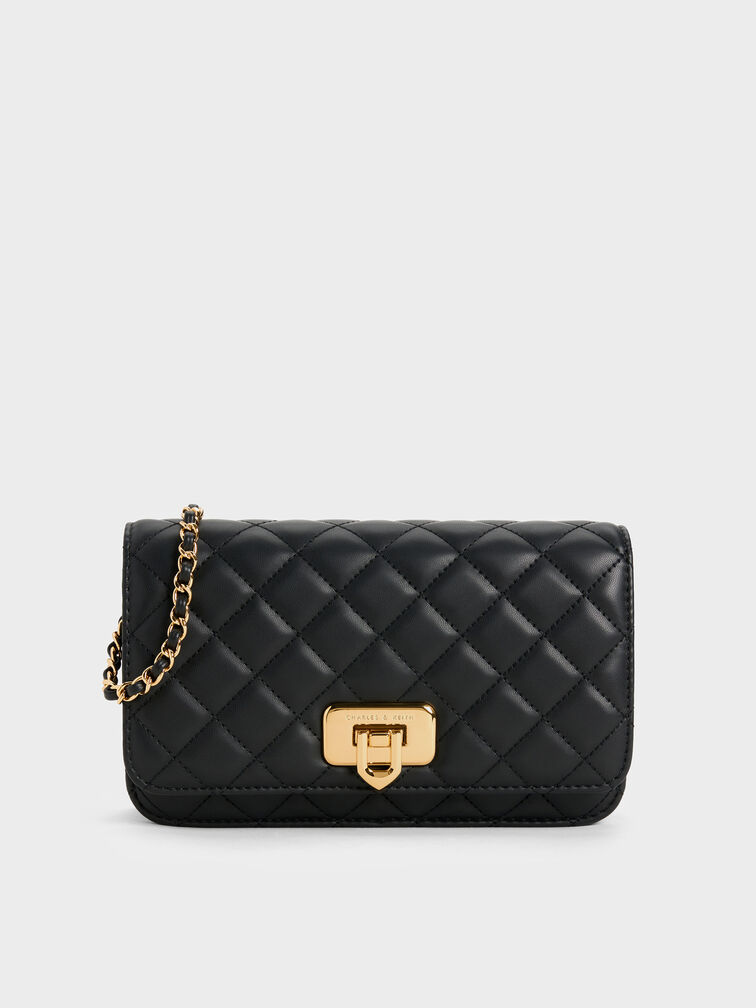 Cressida Quilted Push-Lock Clutch, Black, hi-res
