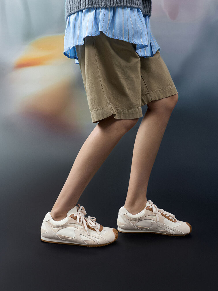 Nylon & Suede Double-Lace Sneakers, Chalk, hi-res