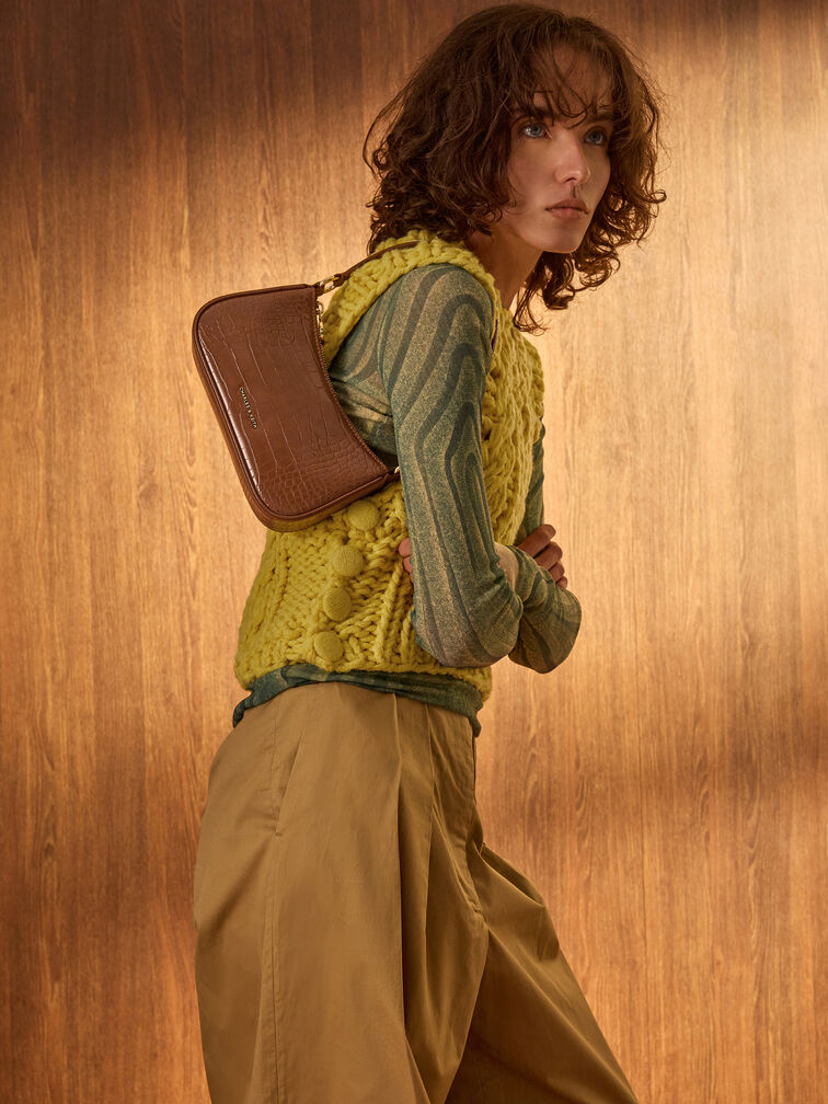 Elspeth Croc-Effect Chain-Link Shoulder Bag, Chocolate Croco, hi-res