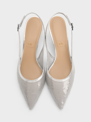 Sequin Mesh & Leather Slingback Kitten Heels, Silver, hi-res