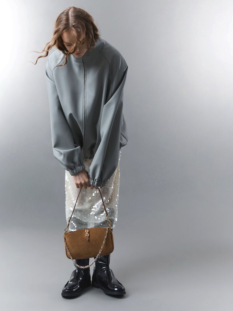 Adalyn Recycled Suede Metallic-Buckle Chain-Handle Shoulder Bag, Mocha Brown, hi-res