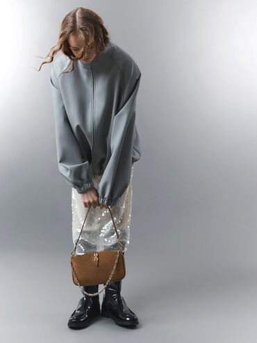 Adalyn Recycled Suede Metallic-Buckle Chain-Handle Shoulder Bag, Mocha Brown, hi-res