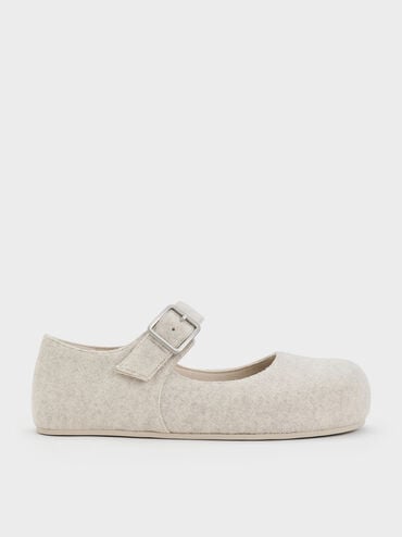 Felt Buckled Mary Jane Flats, Light Grey, hi-res