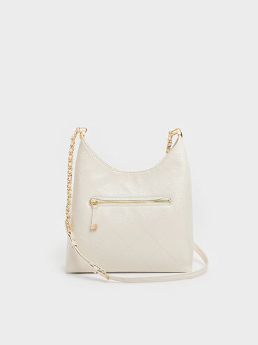 Duo Quilted Front-Pocket Chain Hobo Bag, Cream, hi-res