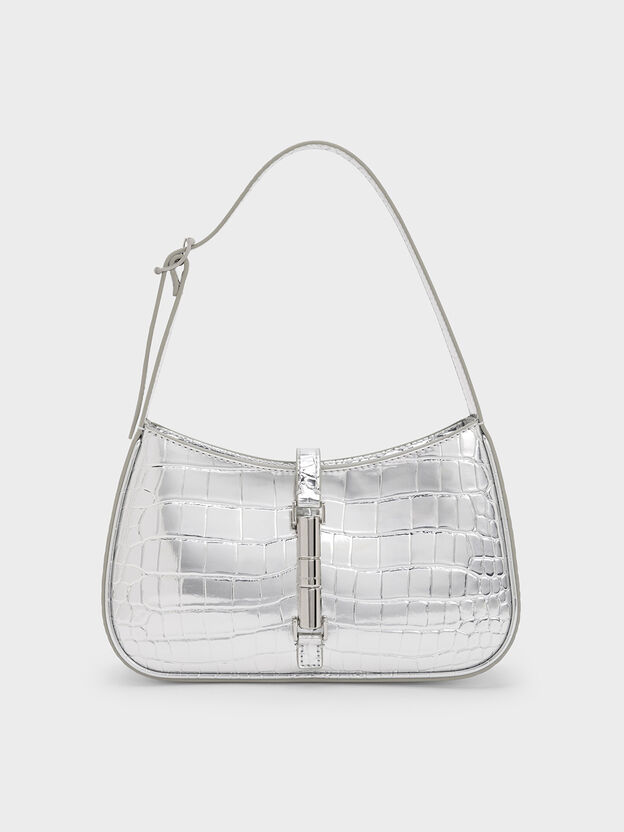 Cesia Croc-Effect Metallic-Accent Shoulder Bag, Silver, hi-res