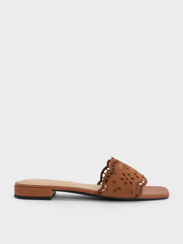 Leather Embroidered Slide Sandals, Cognac, hi-res