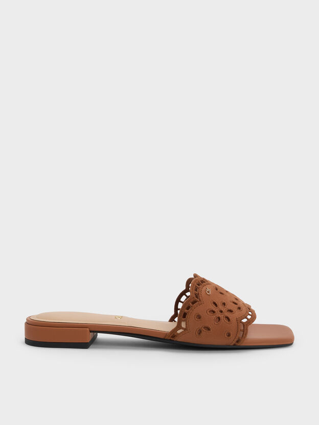 Leather Embroidered Slide Sandals, Cognac, hi-res
