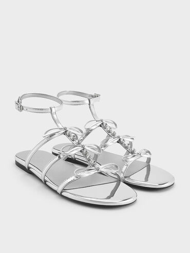 Metallic Gem-Embellished Bow T-Bar Sandals, Silver, hi-res
