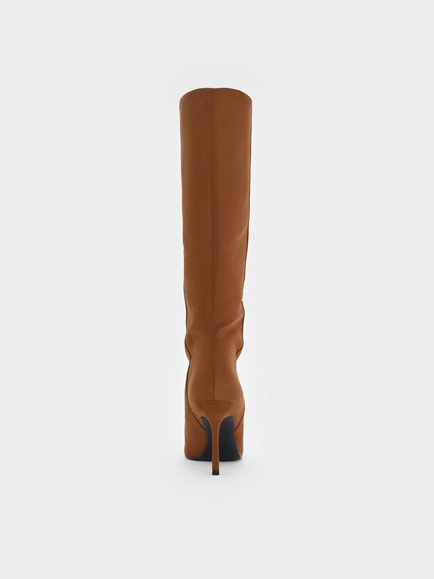 Faux Suede Pointed Stiletto Knee-High Boots, Cognac, hi-res