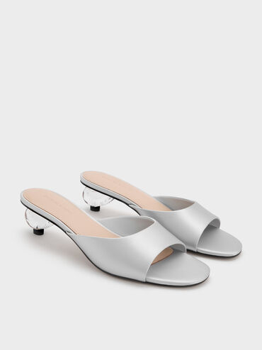 Satin Crystal-Heel Mules, Silver, hi-res