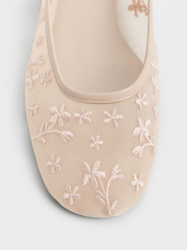 Gertrude Embroidered-Mesh Mary Janes, Nude, hi-res