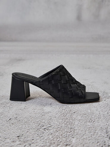 Ivette Woven Square-Toe Heeled Mules, Black, hi-res