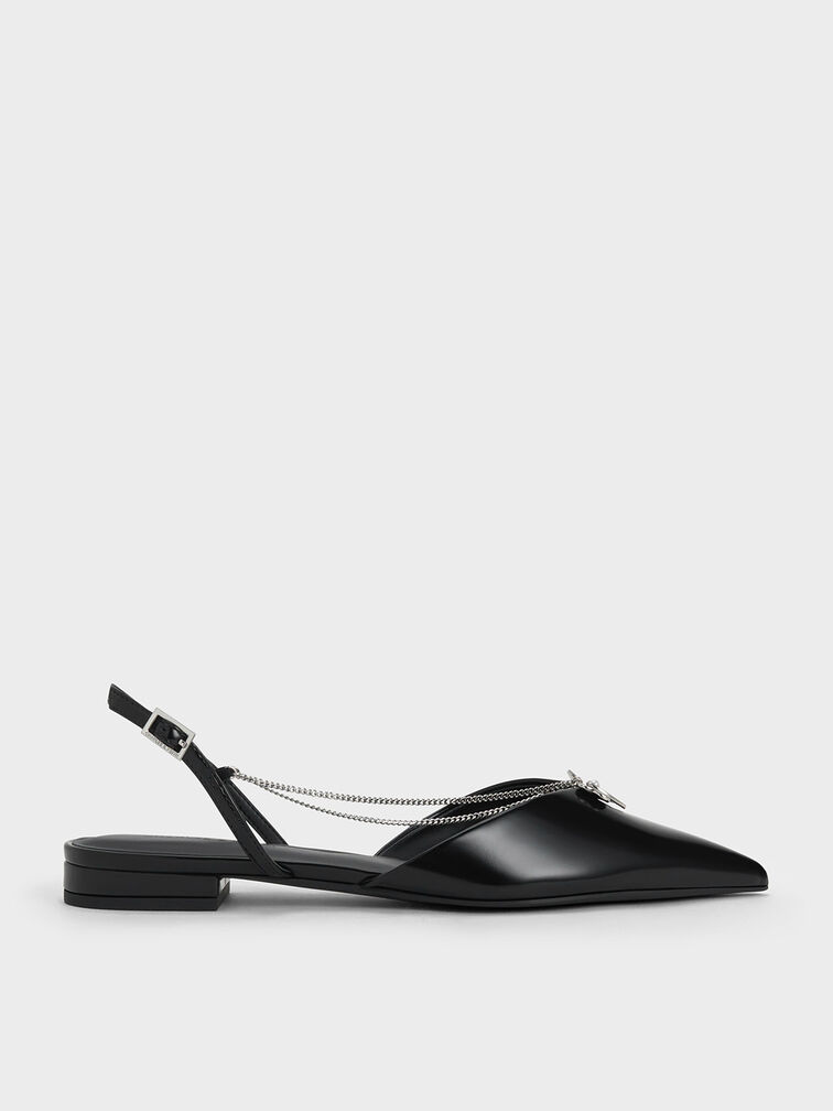 Flower-Accent Chain-Link Slingback Flats, Black Box, hi-res