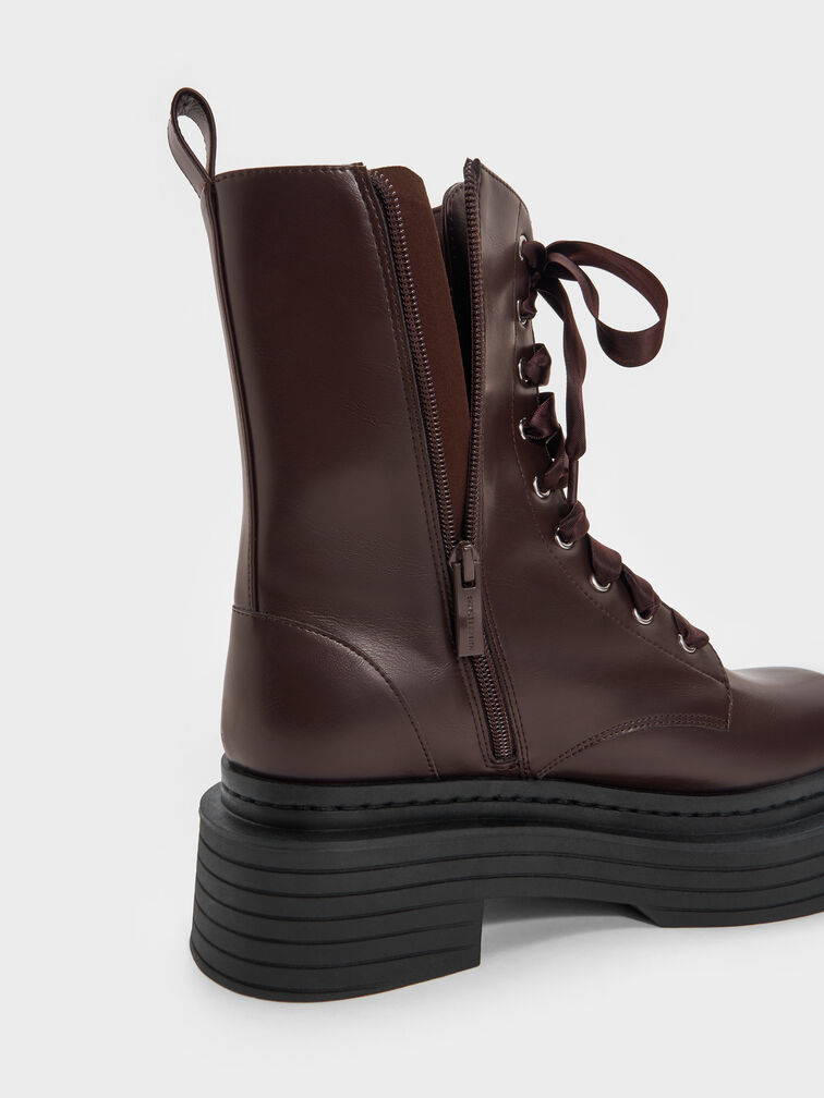Satin-Lace Platform Combat Boots, Dark Brown, hi-res