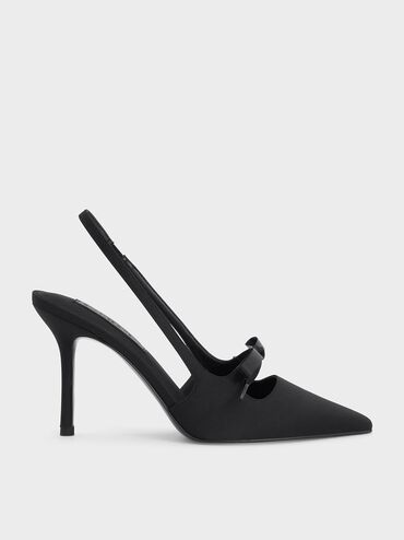 Satin Bow Pointed-Toe Slingback Pumps, Black Textured, hi-res