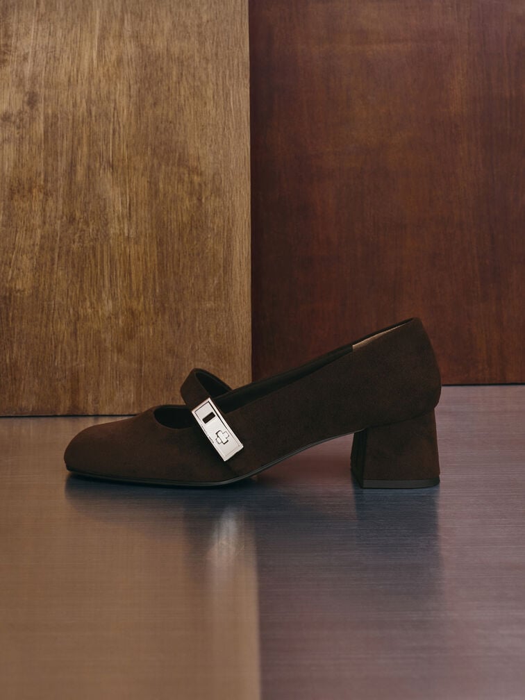 Lando Faux Suede Metallic-Buckle Mary Jane Pumps, Dark Brown Textured, hi-res