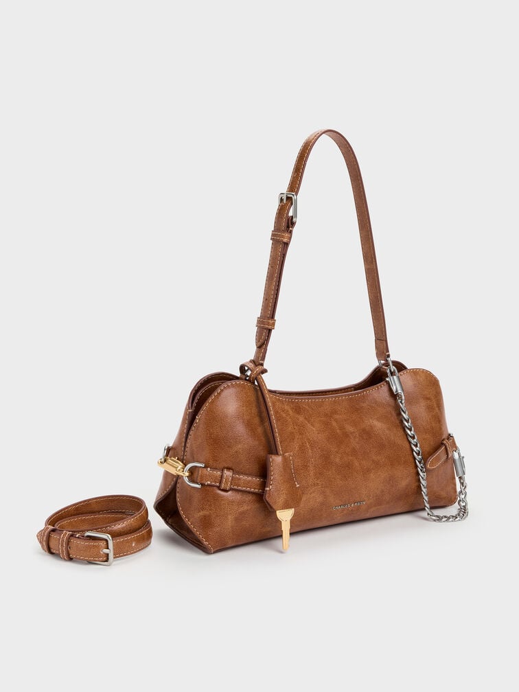 Delfina Chain Side-Belt Shoulder Bag, Distressed Tan, hi-res