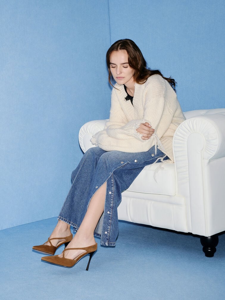 Kyra Suede Crossover-Strap Stiletto-Heel Mules, Brown, hi-res