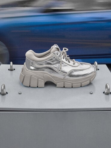 Yunna Metallic Leather & Recycled Fabric Chunky Sneakers, Silver, hi-res