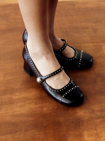 Studded Mary Jane Pumps, Dark Brown, hi-res