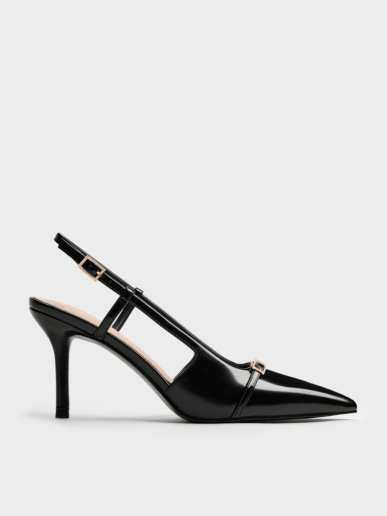 Metallic-Bar Pointed Slingback Pumps, Black Box, hi-res