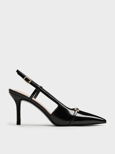 Metallic-Bar Pointed Slingback Pumps, Black Box, hi-res