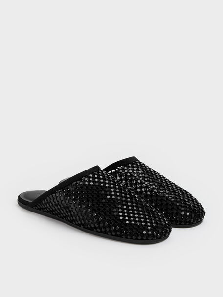Maggie Mesh Crystal Flat Mules, Black Textured, hi-res