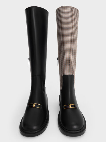 Gabine Leather Interlocking-Accent Knee-High Boots, Black, hi-res