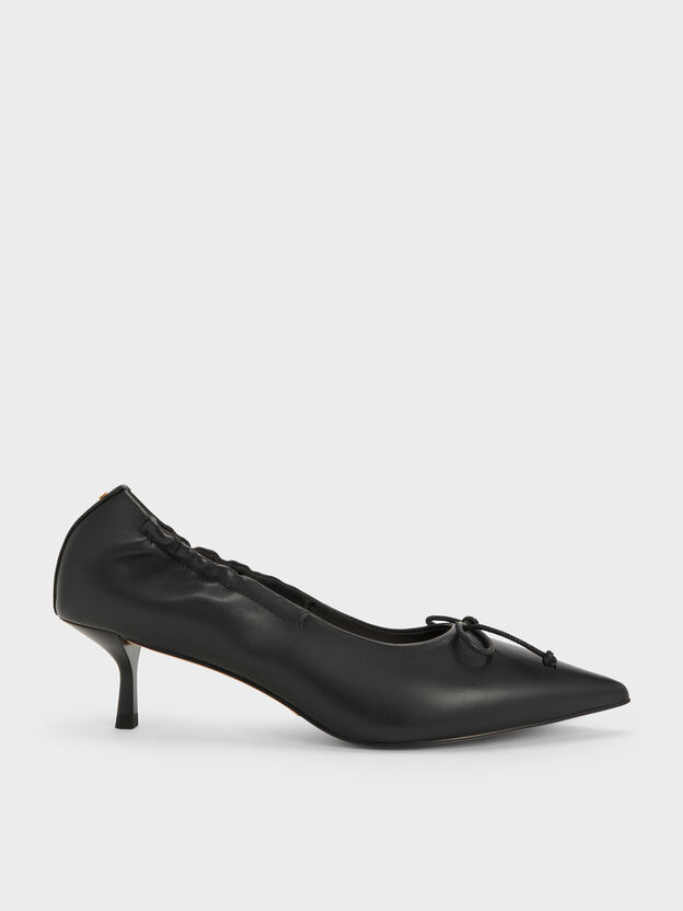 Leather Ruched Pointed Kitten Heels, Black, hi-res