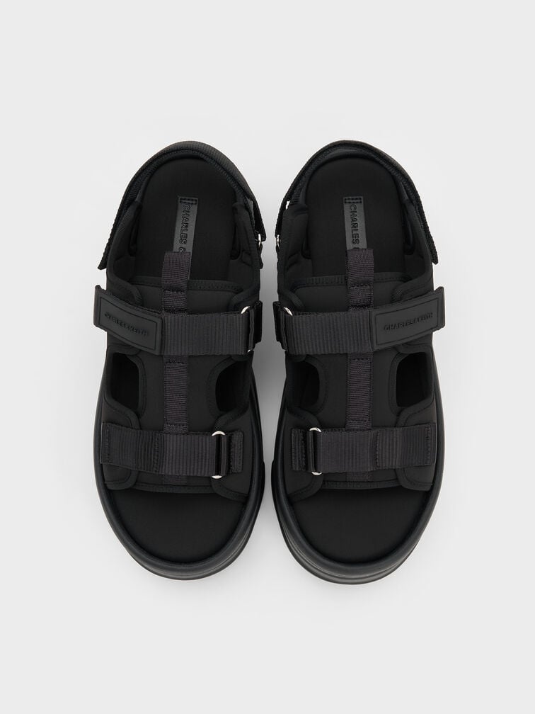 Elastane Flatform Sports Sandals, Black Textured, hi-res
