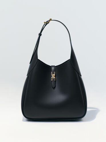 Adalyn Metallic-Buckle Belted Hobo Bag, Black, hi-res