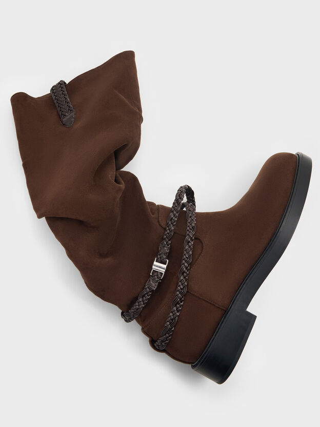 Franca Faux Suede Braided-Strap Knee-High Boots, Dark Brown Textured, hi-res
