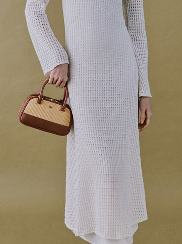 Leather & Raffia Bowling Bag, Neutral Raffia, hi-res