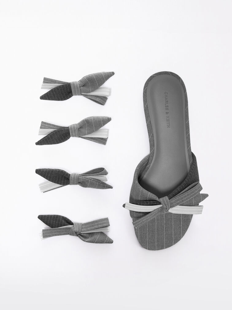 Striped Bow Slide Sandals, Grey, hi-res