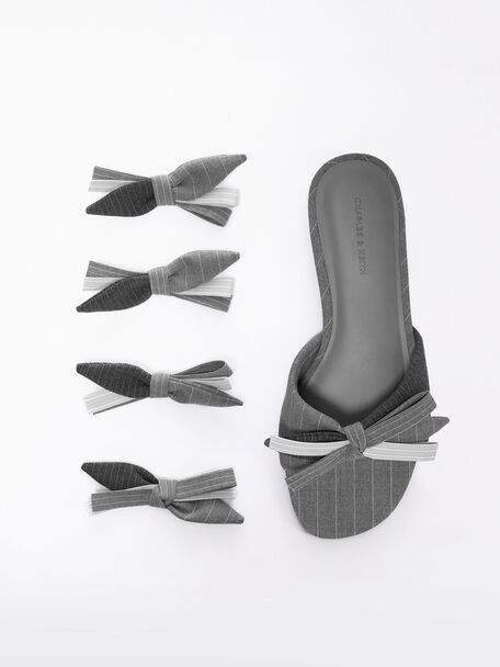 Striped Bow Slide Sandals, Grey, hi-res
