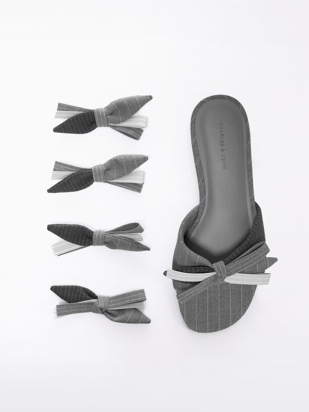 Striped Bow Slide Sandals, Grey, hi-res