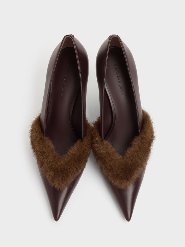 Emila Fur-Trim Pointed Pumps, Dark Brown, hi-res