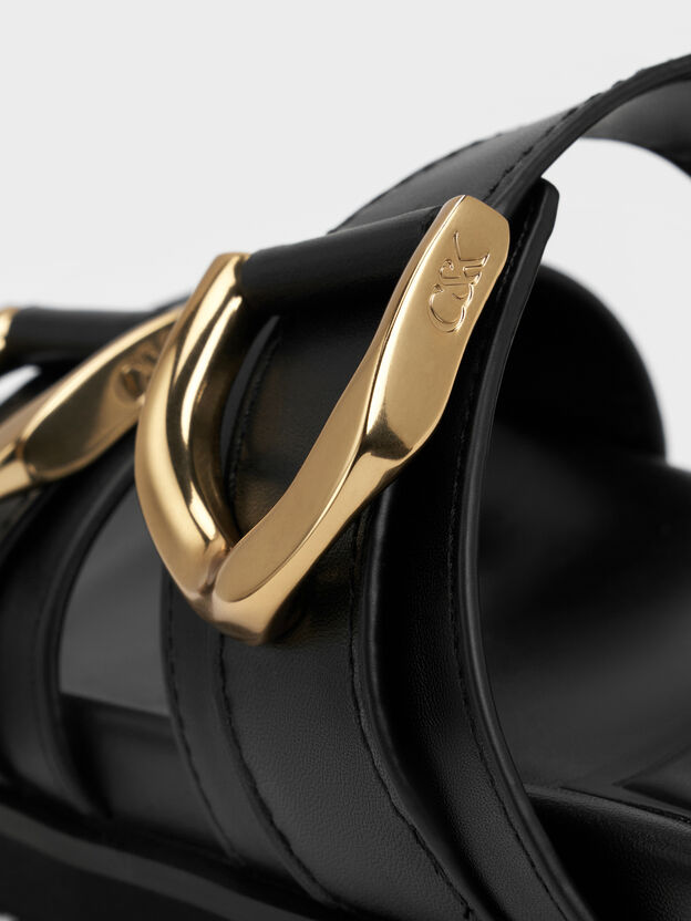 Gabine Gold-Buckle Leather Slides, Black, hi-res