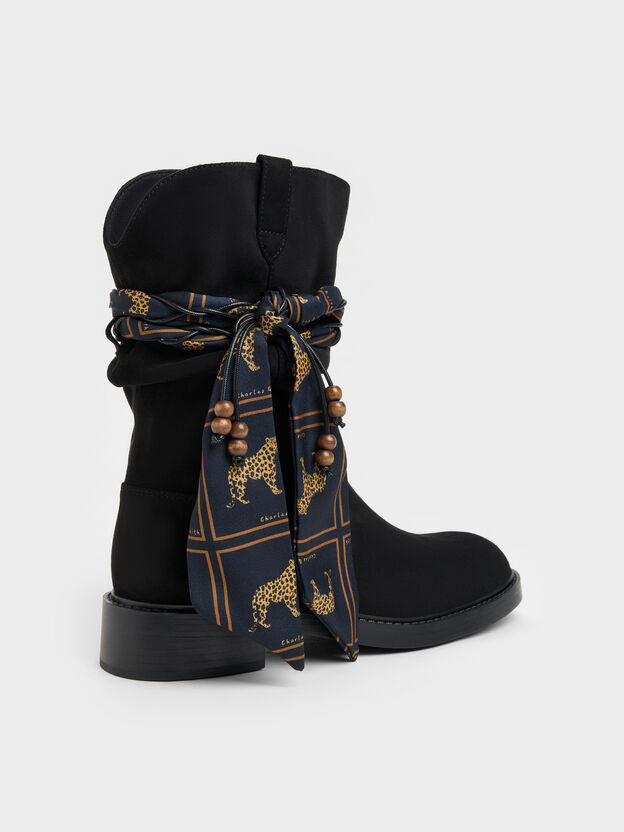 Faux Suede Printed-Scarf Calf Boots, Black Textured, hi-res