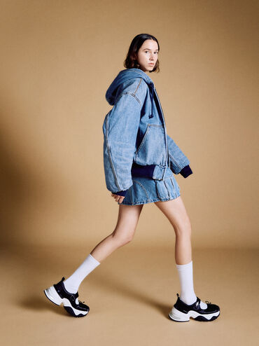 Satin Bow Two-Tone Mary Jane Sneakers, Black Textured, hi-res