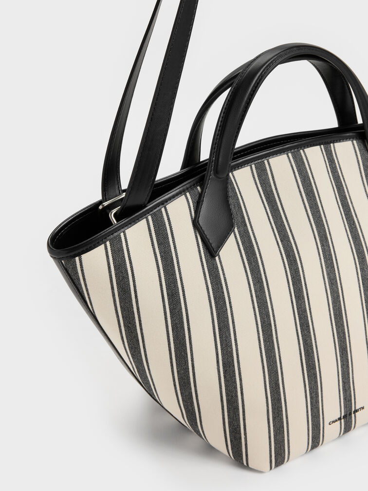 Large Ivanna Canvas Striped Tote Bag, Noir, hi-res